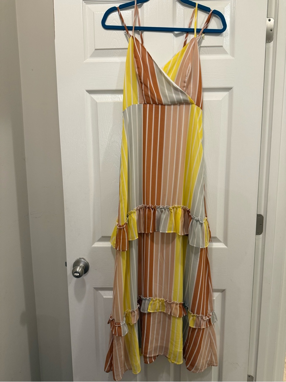 june & hudson Striped Spaghetti-Strap Ruffle Maxi Dress - Yellow, Tan & Cream